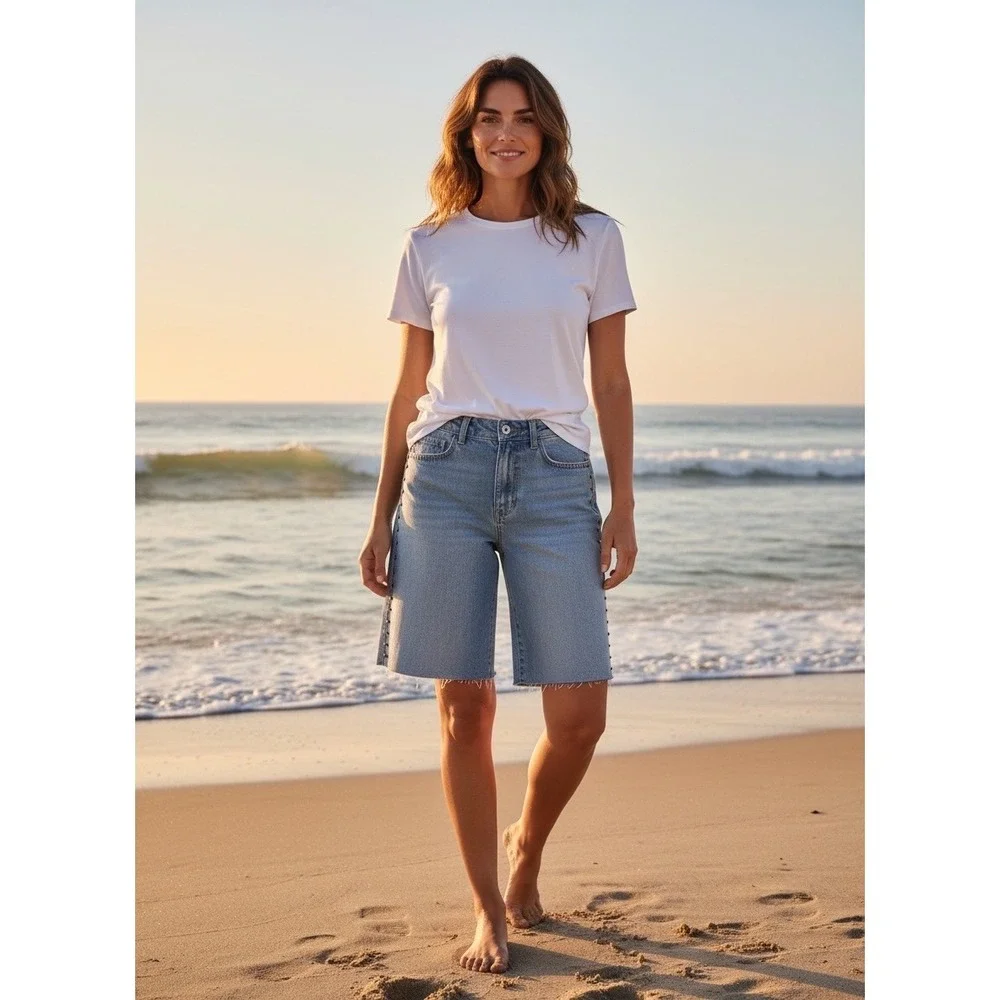 Camila Coelho High Waist Midi Studded‎ Denim Shorts Light Wash Blue Boho Rocker